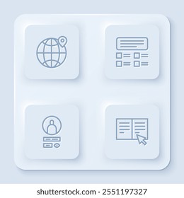 Establecer la Locación de línea en el mundo, prueba en línea, prueba, Encuesta, pantalla de Cuenta de Create y libro. Botón cuadrado blanco. Vector