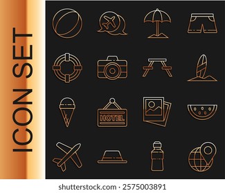 Set line Location on the globe, Watermelon, Surfboard, Sun protective umbrella for beach, Photo camera, Lifebuoy, Beach ball and Picnic table with benches icon. Vector