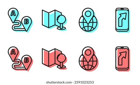 Set line Location on the globe, Route location, Folded map with push pin and City map navigation icon. Vector