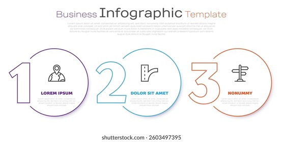 Set line Location on the globe, Road traffic sign and . Business infographic template. Vector