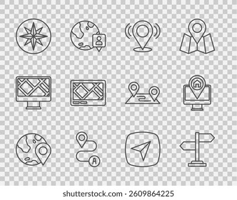 Set line Location on the globe, Road traffic sign, Map pin, Route location, Wind rose, Gps device with map, City navigation and Monitor icon. Vector