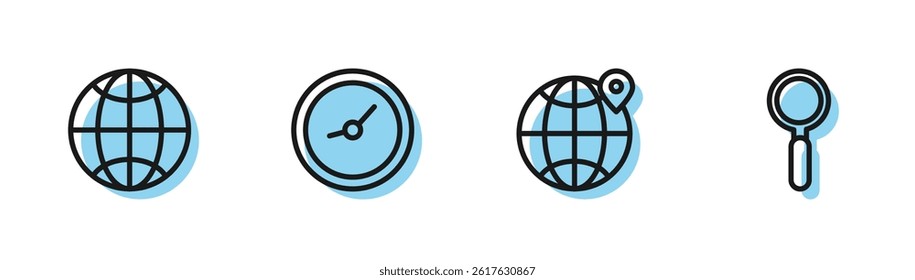 Set line Location on the globe, Social network, Clock and Magnifying glass icon. Vector