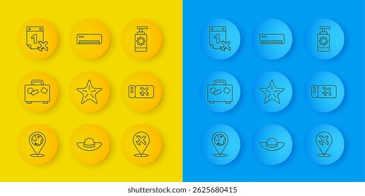 Set line Location on the globe, Suitcase, Starfish, Plane, Airline ticket, Calendar and airplane, Sunscreen spray bottle and conditioner icon. Vector