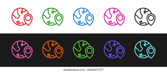 Set line Location on the globe icon isolated on black and white background. World or Earth sign.  Vector