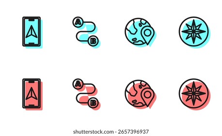 Set line Location on the globe, City map navigation, Route location and Wind rose icon. Vector