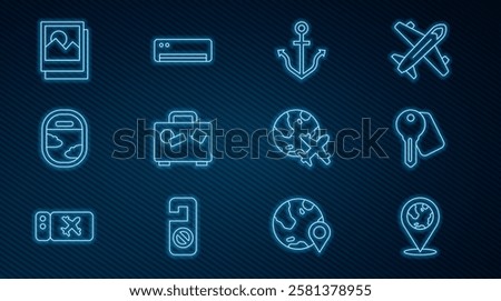 Set line Location on the globe, Hotel door lock key, Anchor, Suitcase, Airplane window, Photo, Globe with flying and conditioner icon. Vector