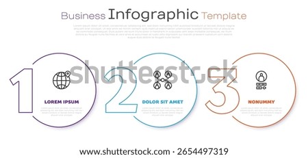 Set line Location on the globe, Online class and Create account screen. Business infographic template. Vector
