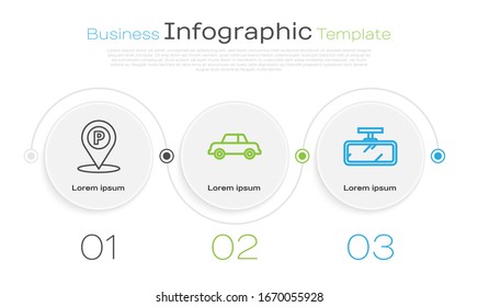 Set line Location with parking, Car and Car mirror. Business infographic template. Vector