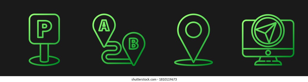 Set line Location, Parking, Route location and Monitor with location marker. Gradient color icons. Vector