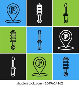 Set line Location with parking, Screwdriver and Shock absorber icon. Vector
