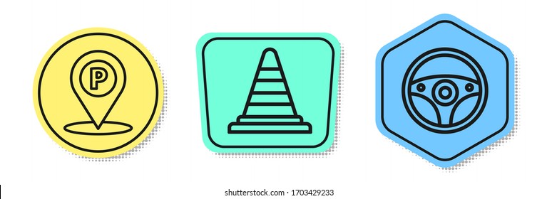 Set line Location with parking, Traffic cone and Steering wheel. Colored shapes. Vector