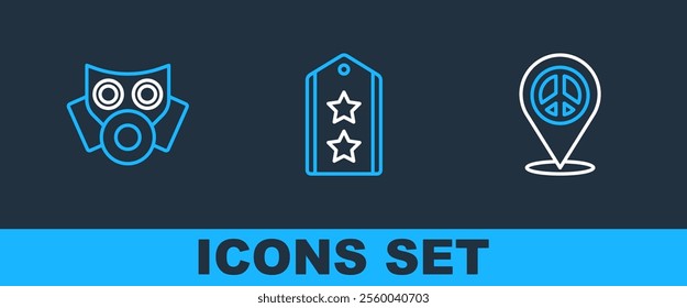 Set line Location peace, Gas mask and Military rank icon. Vector