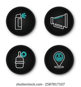 Set line Location peace, Hand grenade, Megaphone and Pepper spray icon. Vector