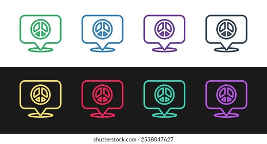 Set line Location peace icon isolated on black and white background. Hippie symbol of peace.  Vector