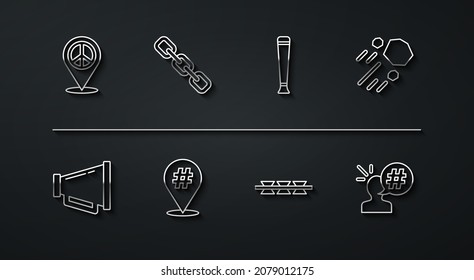 Set line Location peace, Megaphone, Flying stone, Barbed wire, Protest, Chain link,  and Police rubber baton icon. Vector