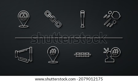 Set line Location peace, Megaphone, Flying stone, Barbed wire, Protest, Chain link,  and Police rubber baton icon. Vector
