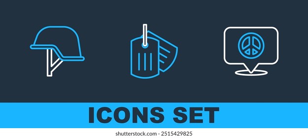 Set line Location peace, Military helmet and dog tag icon. Vector