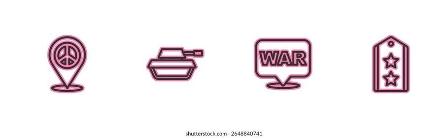 Establecer línea de Locación paz, la palabra guerra, tanque militar y el icono de rango. Vector