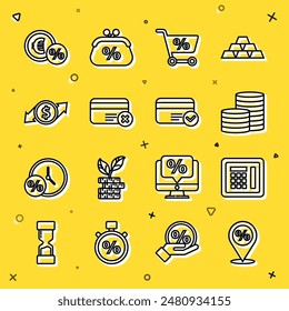 Positionieren Sie den Standort mit dem prozentualen Rabatt, Sicher, Münzgeld, Warenkorb, Kreditkartenentfernung, Finanzwachstum und Dollar, Geldmünze und Symbol. Vektorgrafik