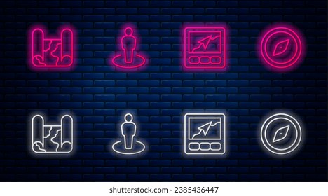 Stellen Sie den Zeilenstandort mit Person, GPS-Gerätekarte, Gefalten und Kompass ein. Leuchtendes Neonsymbol an der Ziegelwand. Vektorgrafik