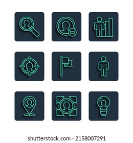 Set line Location with person, Head hunting, lamp bulb, Productive human, marker, Magnifying glass for search and User of icon. Vector