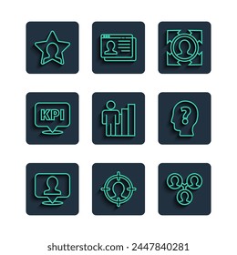 Establecer la Locación de línea con la persona, Caza de la cabeza, Base del equipo del proyecto, Humano productivo, Indicador de rendimiento clave e icono de signo de interrogación. Vector
