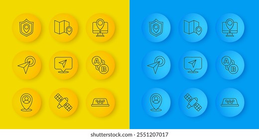 Establecer la Locación de la línea con la persona, infografía de la navegación del mapa de la ciudad, techo del coche de taxi, ubicación de la ruta, escudo, marcador del monitor e icono plegado. Vector