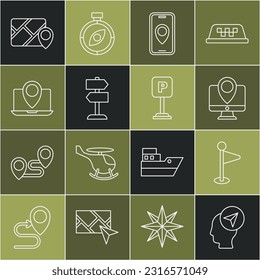 Set line Location with person, marker, Monitor location, City map navigation, Road traffic sign, Laptop, Infographic of city and Parking icon. Vector
