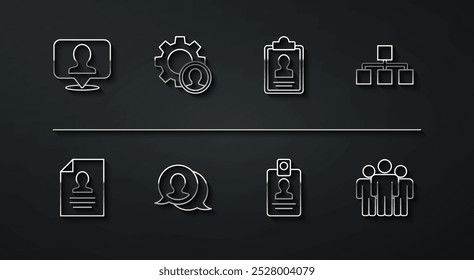Set line Location with person, Resume, Hierarchy organogram chart, Identification badge, Speech bubble chat, Head hunting, Users group and Clipboard resume icon. Vector