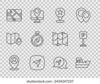 Set line Location with person, Ship line path, Map pointer star, Infographic of city map navigation, City, Compass,  and Parking icon. Vector