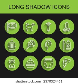 Set line Location pet grooming, Pet carry case, Diaper for dog, Hair dryer, Flea search, Dental hygiene pets and shower icon. Vector