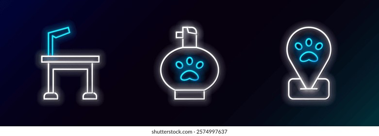 Set line Location pet grooming, Pet table and shampoo icon. Glowing neon. Vector