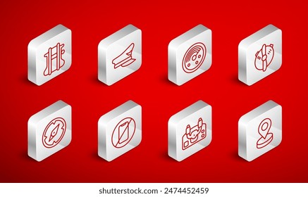 Set line Location, Pilot hat, Radar with targets monitor, Plane propeller, Aircraft steering helm, Parachute, No cell phone and Compass icon. Vector