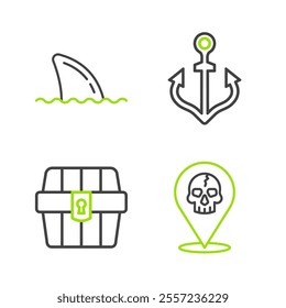 Set line Location pirate, Antique treasure chest, Anchor and Shark fin in ocean wave icon. Vector