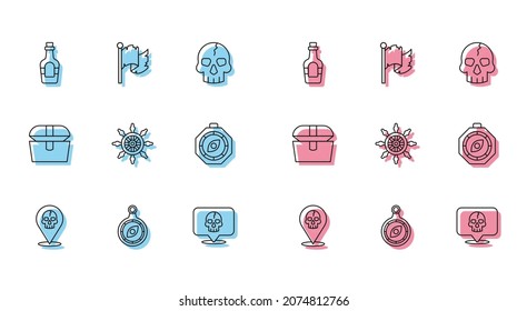 Fijar línea Ubicación pirata, brújula, bebida alcohólica Rum, cráneo, volante de barco, cofre del tesoro antiguo e icono de bandera pirata. Vector