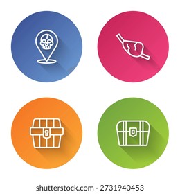 Set line Location pirate, Pirate eye patch, Antique treasure chest and . Color circle button. Vector
