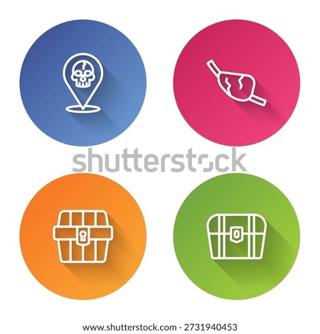 Set line Location pirate, Pirate eye patch, Antique treasure chest and . Color circle button. Vector