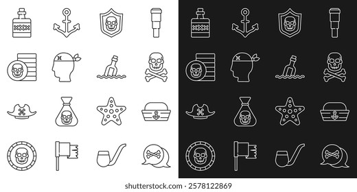 Set line Location pirate, Sailor hat, Skull crossbones, Shield with skull, Pirate captain, coin, Alcohol drink Rum and Bottle message water icon. Vector