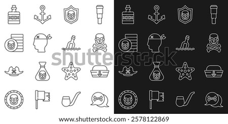 Set line Location pirate, Sailor hat, Skull crossbones, Shield with skull, Pirate captain, coin, Alcohol drink Rum and Bottle message water icon. Vector