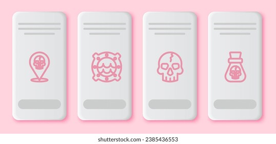 Set line Location pirate, Ship porthole with seascape, Skull and Pirate coin. White rectangle button. Vector