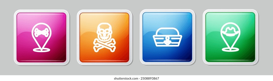 Set line Location pirate, Skull crossbones, Sailor hat and . Colorful square button. Vector