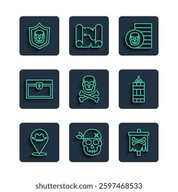 Set line Location pirate, Skull, Pirate flag, coin, crossbones, Antique treasure chest, Shield with skull and Dynamite bomb icon. Vector