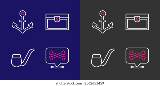 Set line Location pirate, Smoking pipe, Antique treasure chest and Anchor icon. Vector