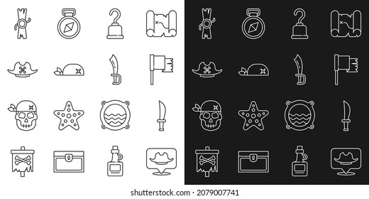 Fijar línea Ubicación pirata, espada pirata, bandera, gancho, bandana para cabeza, sombrero, decreto, pergamino, pergamino e ícono. Vector