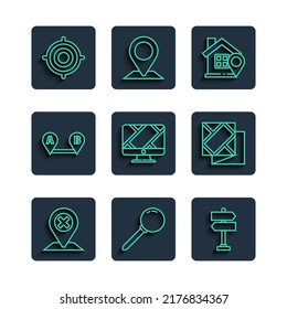Establecer ubicación de línea, pasador de inserción, señal de tráfico por carretera, con casa, marcador de ubicación de monitor, ruta, deporte de destino e icono de mapa doblado. Vector