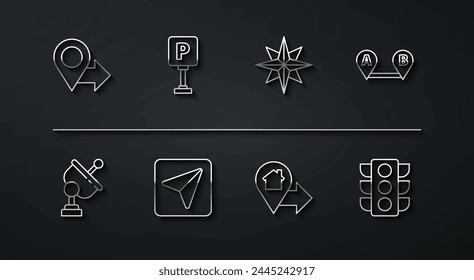 Set line Location, Radar, Route location, with house, Infographic of city map navigation, Parking, Traffic light and Wind rose icon. Vector