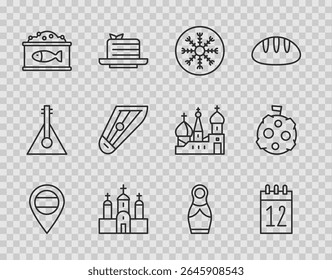 Set line Location Russia, Calendar 12 june, Snowflake, Church building, Tin can with caviar, Kankles, Russian doll matryoshka and Moon flag icon. Vector