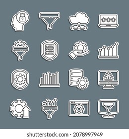 Set line Location with sales funnel, Monitor exclamation mark, Pie chart infographic, Network cloud connection, Server shield, Sales gear, Human head lock and Hand settings icon. Vector