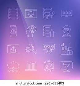 Set line Location with sales funnel, Document and lock, Server security key, Human head, Mobile exclamation mark, Server, Data, Web Hosting and  icon. Vector