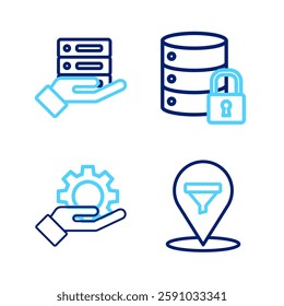 Set line Location with sales funnel, Hand settings gear, Server security lock and Server, Data, Web Hosting icon. Vector
